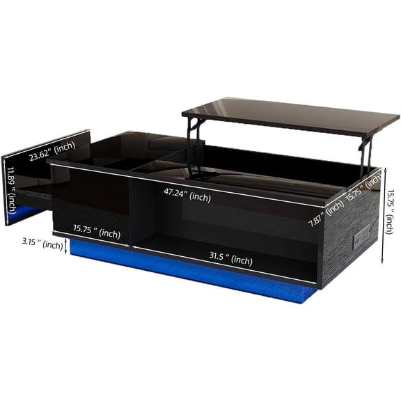 Smart LED Lift-Top Coffee Table - Modern Adjustable Center Table for Living Room, Black