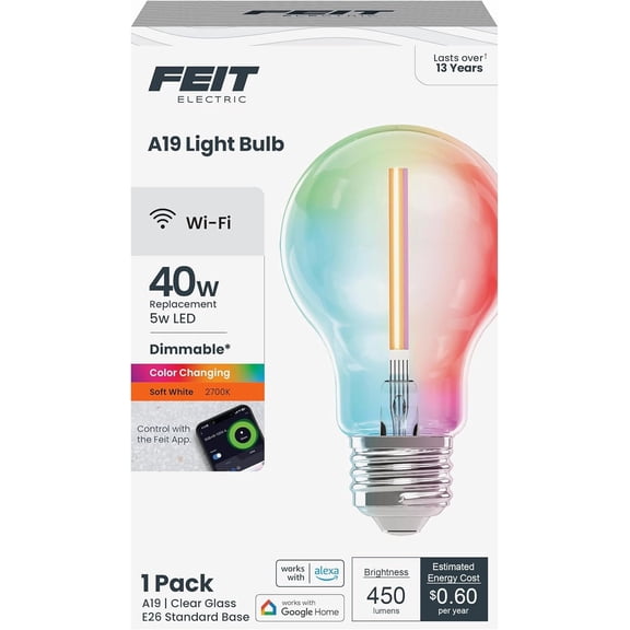 Smart LED Light Bulb, 40W Eq, Color Changing, Dimmable, Works with Alexa & Google Home, Wi-Fi Enabled, Straight Filament Glass Design, 90+ CRI, 15,000-Hour Lifetime, A1940/CL/RGBW/FIL/AG