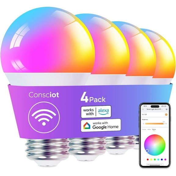 Smart LED Light, WiFi Color-Changing A19 E26 Lamp Compatible with Alexa & Google Home, 60W Equivalent, Music Sync, Dimmable, 4 Pack