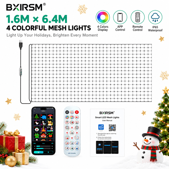 Smart LED Net Light Bluetooth Outdoor, 5.25ft x 21ft 1024 LEDs RGB Grid Lights with App Control, Music Sync, IP65 Waterproof Christmas Decor
