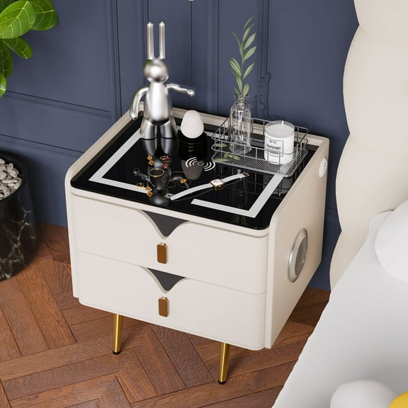 Smart LED Nightstand with 2 Drawers, USB Charging and Wireless Charging Station, Bedroom Wireless Charging Multifunctional Furniture