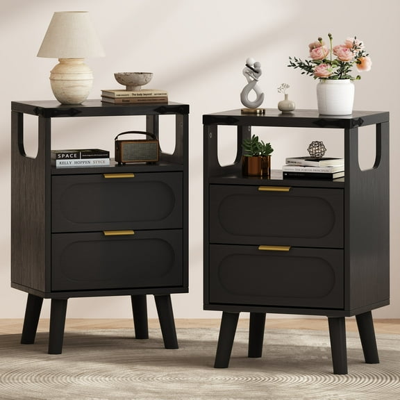 Smart LED Nightstand Set of 2 with Charging Station - Black Bedside Tables with Wooden Drawer and Open Shelf, for Living Room/Bedroom