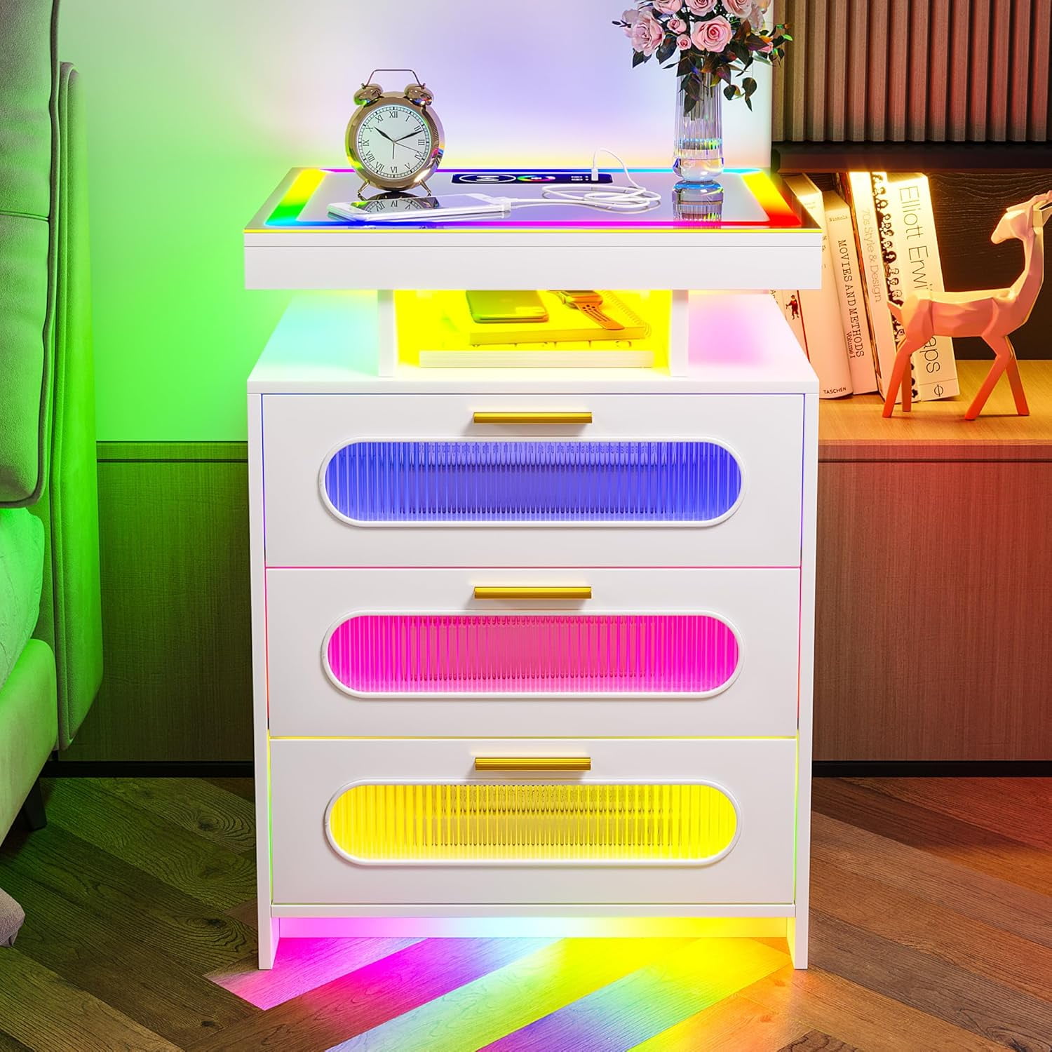 Smart LED Nightstand with Wireless Charging & USB Ports Matte Bedside Tables with Automatic