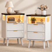 Smart LED Nightstand Set of 2 with Charging Station, Modern Bedside Tables with 2 Wooden Drawers and Storage Shelf, USB Ports & Power Outlets for Bedroom and Li