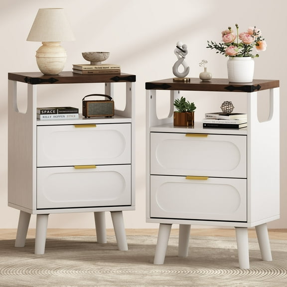 Smart LED Nightstand with Charging Station | 2 Wooden Drawers & Storage Shelf | USB Ports & Outlets, White (Set of 2)