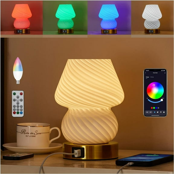Smart LED RGB Glass Mushroom Table Lamp With USB Murano Vintage Style Striped Bedside Lamp for Bedroom, Living Room, Dining Room, Study, Coffee Shop, Bar, Farmhouse , Christmas Gift(Bulb Included)
