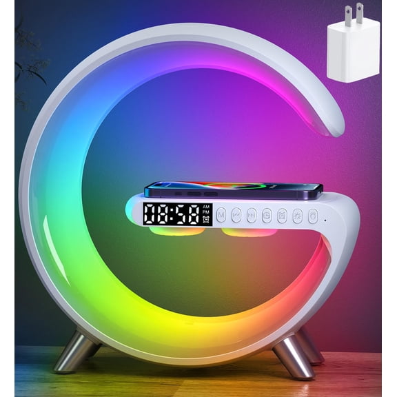 Smart LED Table Lamp, 4-in-1 Wireless Charger, Night Light, Alarm Clock, Bluetooth Speaker with App Control, Bedside Lamp with Charging Station for Bedroom, Office, Home Decor, Teen Girls Boys Gifts