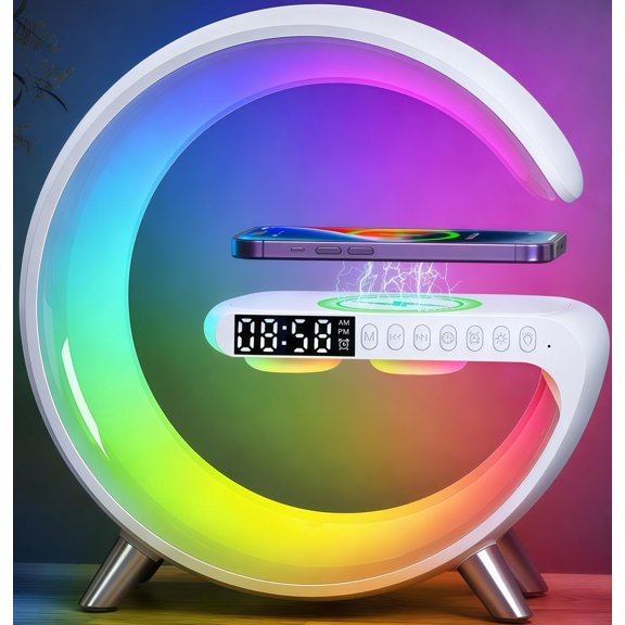 Smart LED Table Lamp with Bluetooth Speaker, Fast Wireless Charger, RGB Night Light, Sunrise Alarm Clock & App Control Bedside Atmosphere Lamp for Bedroom Office Home Decor, Teen Girls Boys Gifts VT1