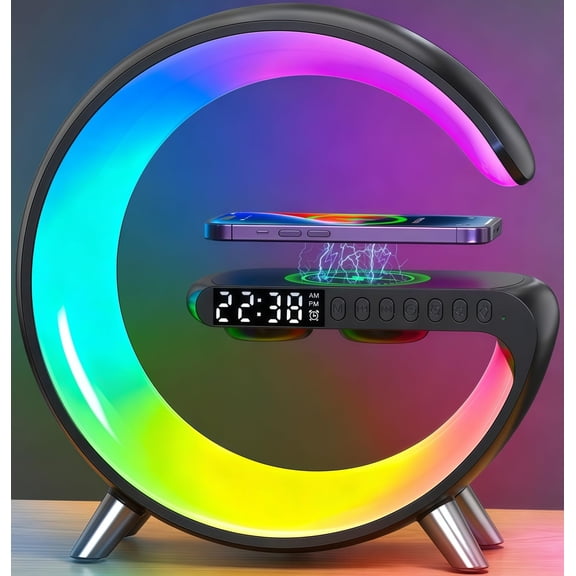 Smart LED Table Lamp with Wireless Charger, RGB Light, Bluetooth Speaker, Sunrise Alarm Clock & App Control Bedside Lamp with Charging Station for Bedroom Office Home Decor, Teen Girls Boys Gift VT1