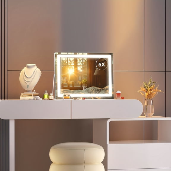 Smart LED Vanity Mirror with Lights, Detachable 5X Magnifying Mirror, 3 Lighting Modes & Stepless Dimming, 360 Rotation, Trendy Tabletop Makeup Mirror for Teen Girls, Room Decor & Vanity Accessories