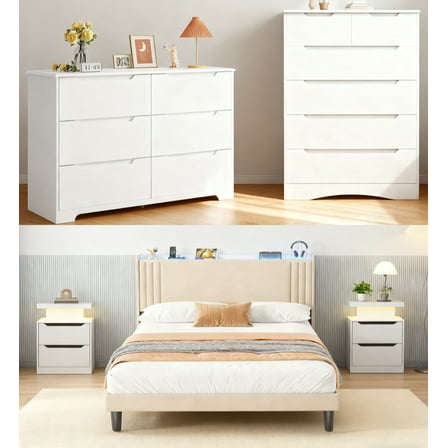 Smart LED White Bedroom Set: Queen Bed Frame with LED Headboard & Charging, 2 Drawer Dressers and 2 Nightstands