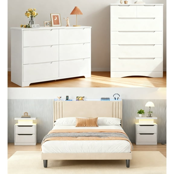 Smart LED White Bedroom Set: Queen Bed Frame with LED Headboard & Charging, 2 Drawer Dressers and 2 Nightstands
