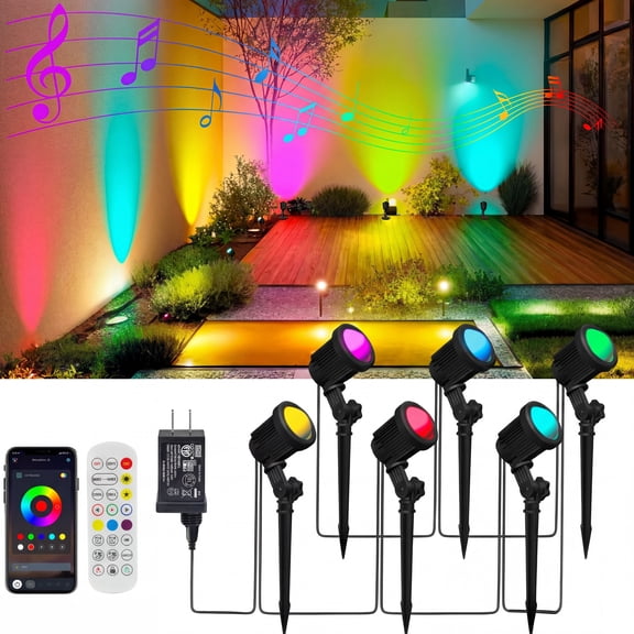 Smart Landscape Spotlights, Low Voltage IP67 Waterproof Outdoor Spot Lights Compatible with APP/Remote Control Color Changing Lights for Yard Garden Pathway Lawn Tree Festival 6 Pack