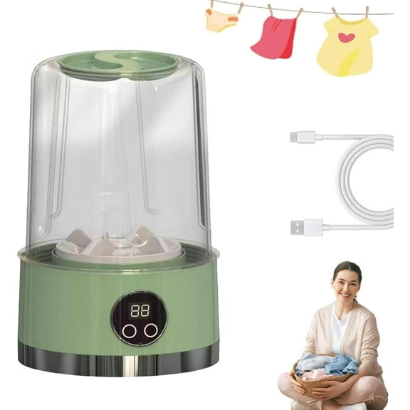 Smart Laundry Cup, Mini Underwear Washing Machine, Wireless Portable Laundry Cup, with LCD Display, for Small Clothes Apartment, Home, Hotel and Camping (Green)