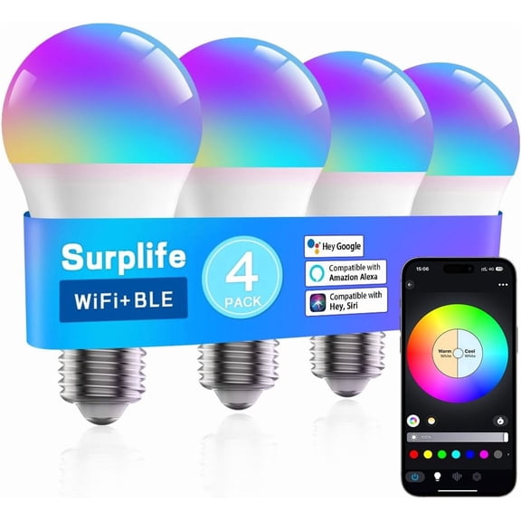 Smart Led Light Bulbs, Wi-Fi Magic Home Light Bulbs for Alexa & Google Assistant, E26, A19 Music Sync Color Changing Light Bulb, APP Remote Control on/off, Wireless, Bluetooth, 800LM, 60W,4Pack
