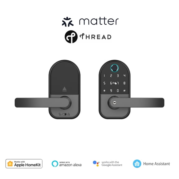 Smart Lever Door Lock with Matter Over Thread, Keyless Handle Entry Door Lock with Fingerprint, Keypad, and App Remote Control, Supports Apple Homekit, Google Home, Amazon Alexa,Black Grey