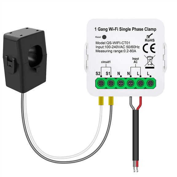 Smart Life WIFI Energy Meter Current Sensor Statistician for Electrical Lighting Solar KWH Monitor 100-240V 1CT,1 x Tuya WiFi Smart Meter 1 x CT Clamp,White