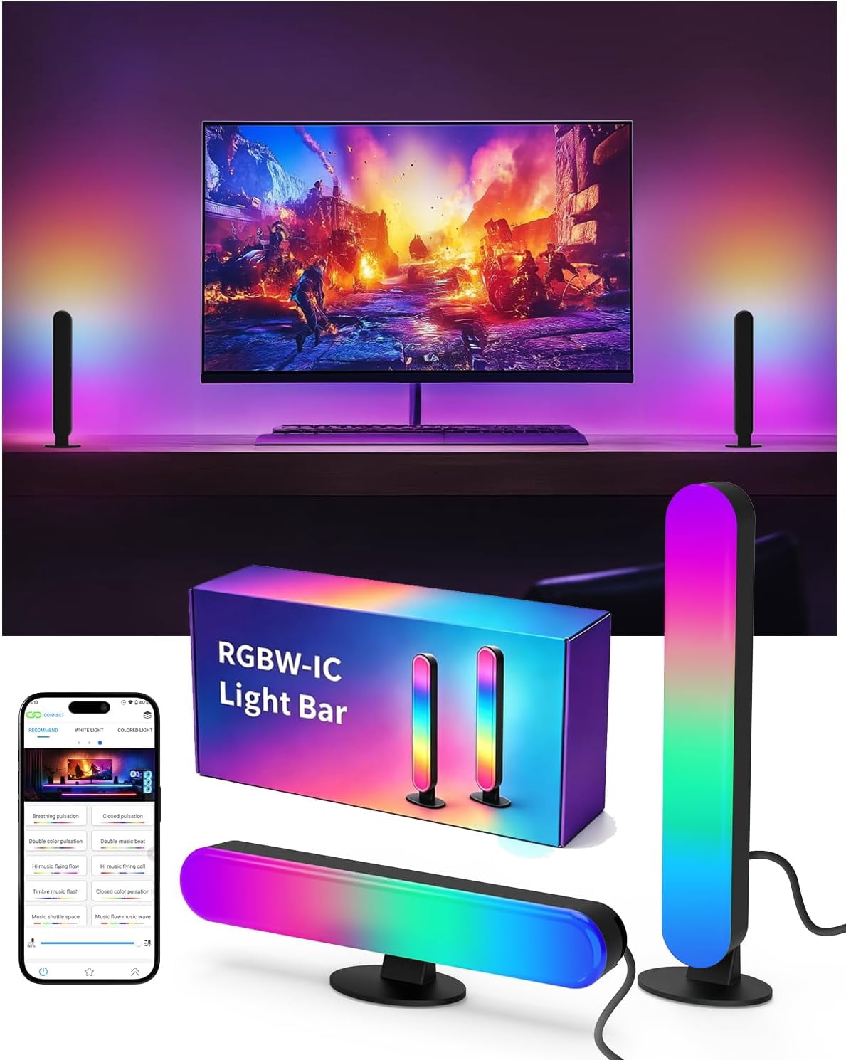 Screen Computer Light Bar Smart Light Bars, Music Sync Desk Lights for PC, Bluetooth RGB-ICW ...