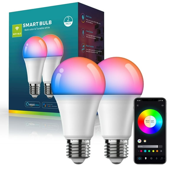Smart Light Bulb, Fully Color Changing Dimmable Smart WiFi Light Bulb, Compatible with Alexa and Google Home, A19, 9W 800 Lumens, 2.4GHz Only, No Hub Required,,2