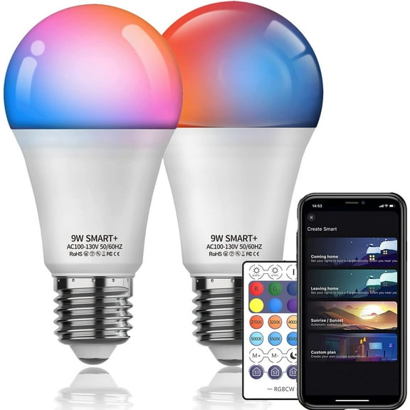 Smart Light Bulb, WiFi & Bluetooth-Compatible 2in1 RGBCW Dimmable Smart LED Bulbs, E27 9W Compatible with Alexa, Google Home, Siri, No Hub Required Remote control included (2 Packs)