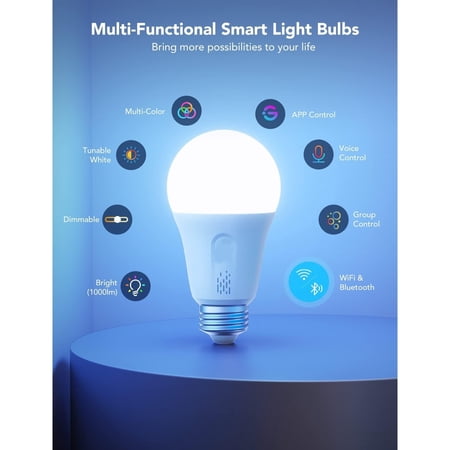 Smart Light Bulbs, 1000LM Color Changing Light Bulb, Wi-Fi & Bluetooth Light Bulbs, Work with Alexa and Google Assistant, Dimmable RGBWW A19 75W Equivalent Smart Bulbs, 8 Pack