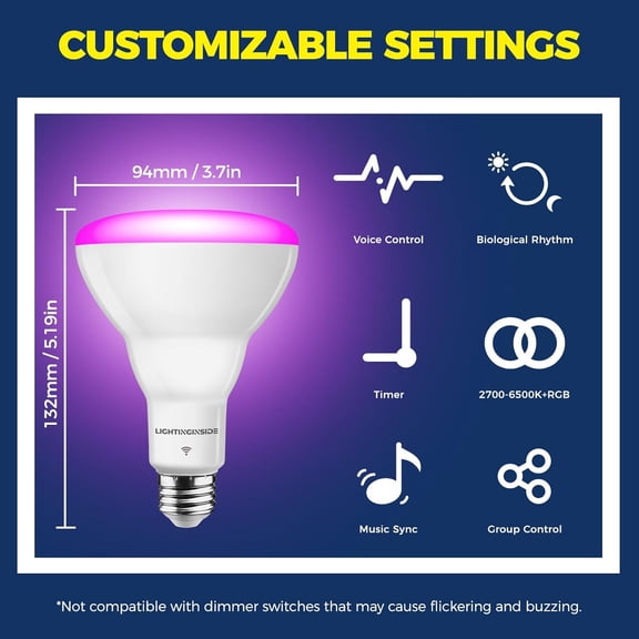 Smart Light Bulbs 1100LM, BR30 E26 Smart Bulb Compatible with Alexa/Google Assistant/SmartLife, 12W 75W Equivalent, RGBCW 2.4GHz WiFi & BLE Bulbs, No Hub Required, ETL Listed, 4PCS