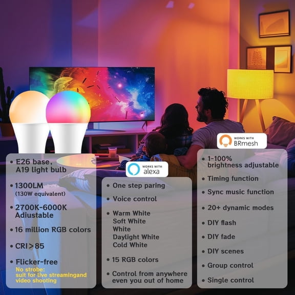 Smart Light Bulbs 130W Equivalent, Color Changing Light Bulb, Work with Alexa Only, 16 Million Colors RGBWW, Music Sync, DIY Flash,1300LM A19 E26 Bluetooth Led Light Bulbs, No WiFi Required,4Pack