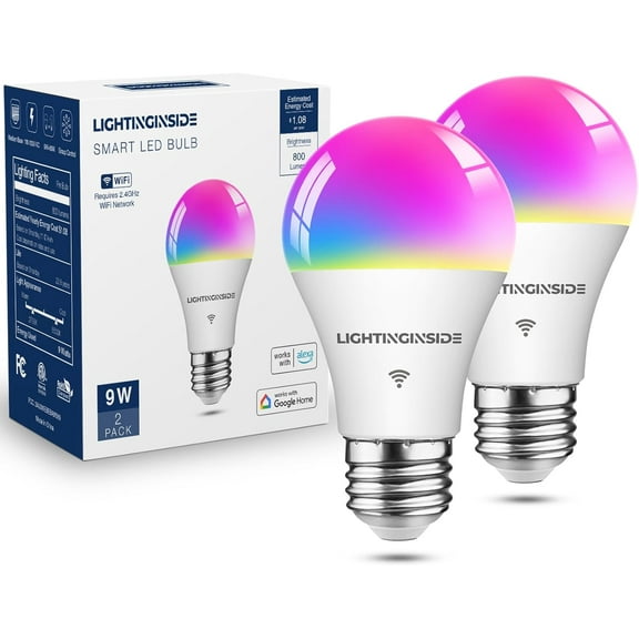 Smart Light Bulbs 60W Equivalent, WiFi Smart Bulb Compatible with Alexa/Google Assistant/Smart Life, A19 E26 RGBCW Color Changing, No Hub Required,2.4G WiFi, ETL Listed, 9W 800LM, 2PCS