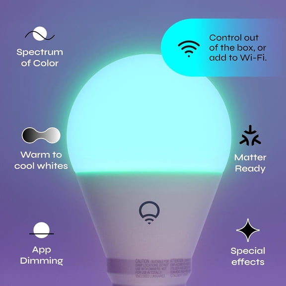 Smart Light Bulbs A19 2 Pack, Color Changing RGBW + Tunable White, 800 Lumens, Matter Compatible, Works with Apple HomeKit, Alexa & Google Home, Dimmable Wi-Fi LED Bulb, No Hub Required, E26