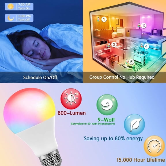 Smart Light Bulbs, Alexa Light Bulb, WiFi Light Bulbs, RGBCW Color Changing Light Bulb A19 9W 800LM, Smart Bulbs that Work with Alexa & Google Assistant, 2.4Ghz only, No Hub Required,10 Pack