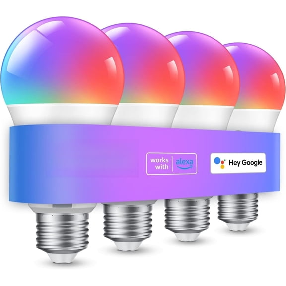 Smart Light Bulbs, Color Changing Light Bulb, Work with Alexa and Google Assistant, 16 Million Colors RGBWW, WiFi & Bluetooth LED Light Bulbs, Music Sync, A19, 800 Lumens, 4 Pack