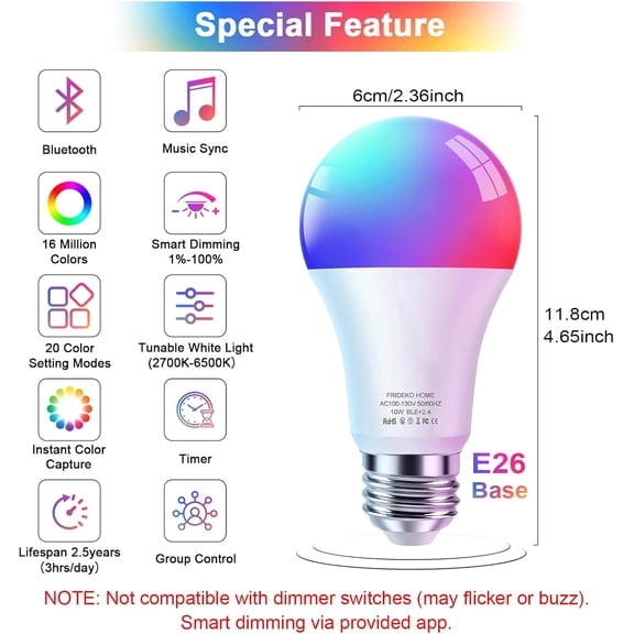 Smart Light Bulbs - Led Dimmible Color Changing Light Bulb for Home Works with Bluetooth Music Sync - A19 RGB Lightbulb for E26 Base with APP Control & Timer (2 Pack)