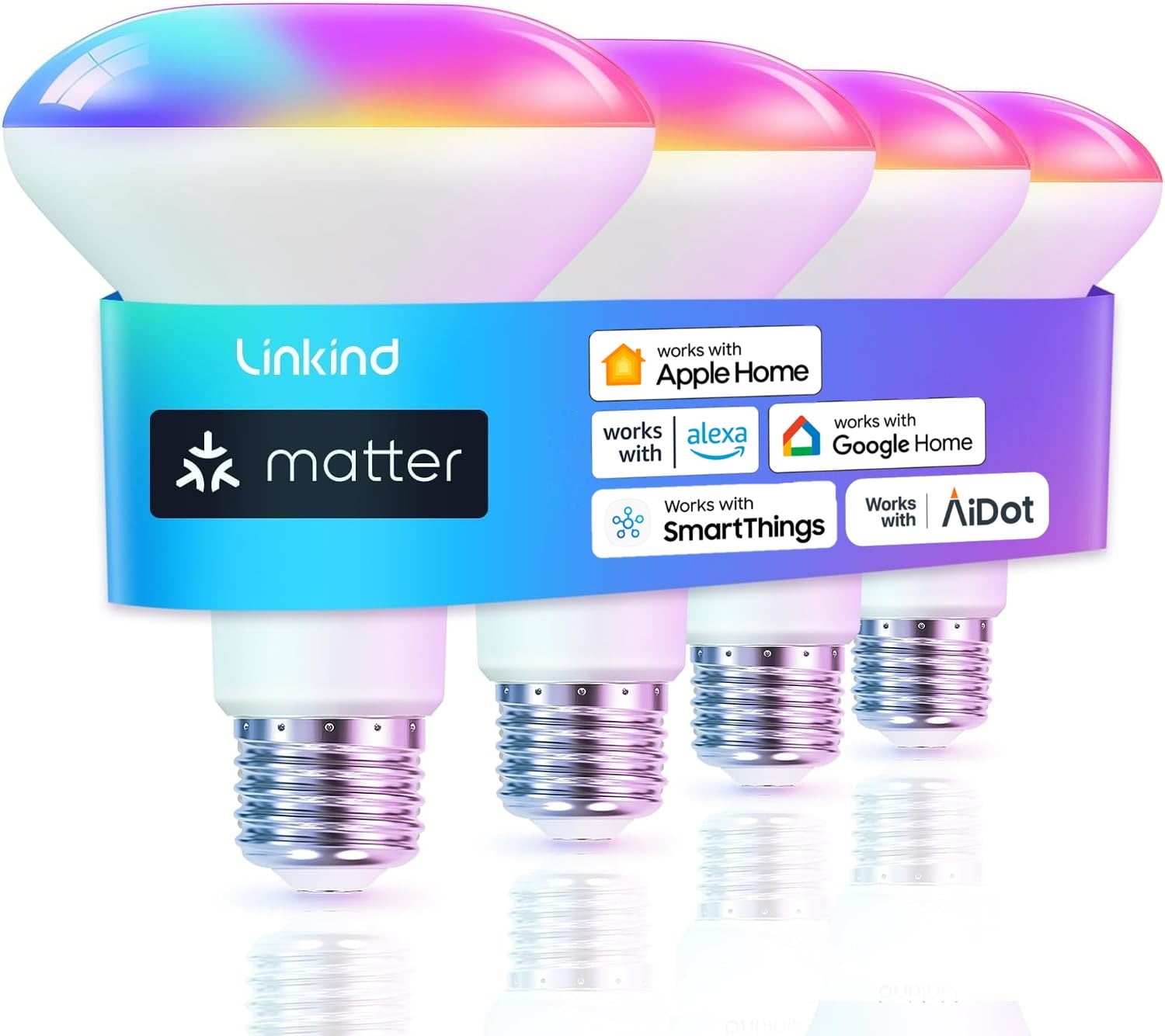 Smart Light Bulbs, Linkind Matter-Enabled Color Changing LED Light Bulbs, RGBTW 8W (60Watt Eqv) BR30 Floodlights, E26 Medium Base, Smart Bulbs Work with Alexa, Google Home, SmartThings, 4-Pack