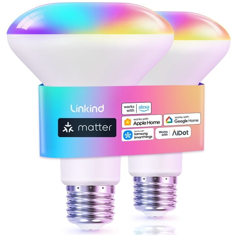 Smart Light Bulbs, Linkind Matter-Enabled Color Changing LED Light Bulbs, RGBTW 8W (60Watt Eqv) BR30 Floodlights, E26 Medium Base, Smart Bulbs Work with Alexa, Google Home, SmartThings, 2-Pack