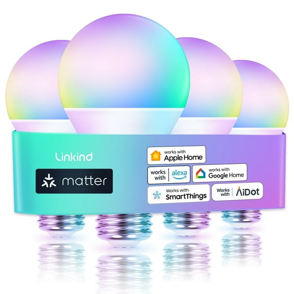Smart Light Bulbs, Linkind Matter Wifi Color Changing LED Light Bulbs, 9W (60Watt Eqv), A19 E26 RGB Dimmable Smart Light Bulbs Work with Alexa, Google Home, Smartthings, Music Sync, 4 Pack