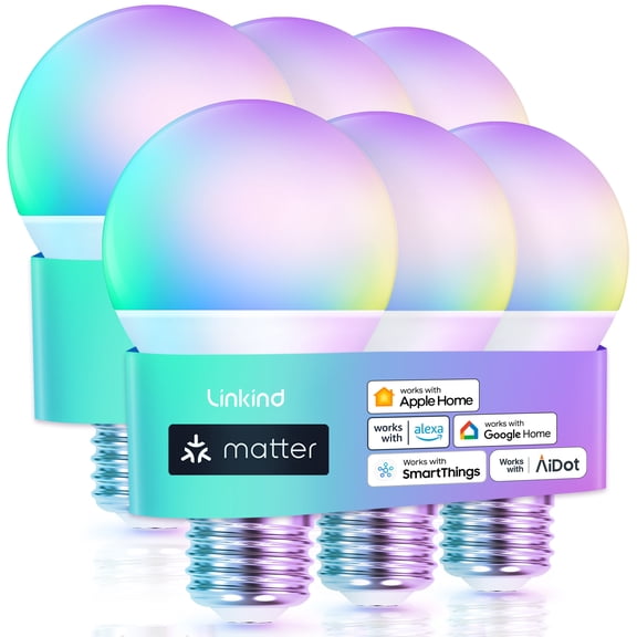 Smart Light Bulbs, Linkind Matter Wifi Color Changing LED Light Bulbs, 9W (60Watt Eqv), A19 E26 RGB Dimmable Smart Light Bulbs Work with Alexa, Google Home, Smartthings, Music Sync, 6 Pack