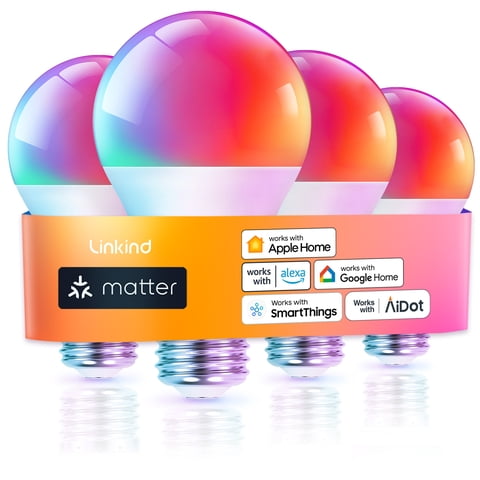 Smart Light Bulbs, Linkind Matter Wifi Color Changing LED Light Bulbs, 9W (60Watt Eqv), A19 E26 RGB Dimmable Smart Light Bulbs Work with Alexa, Google Home, Smartthings, Music Sync, 4 Pack
