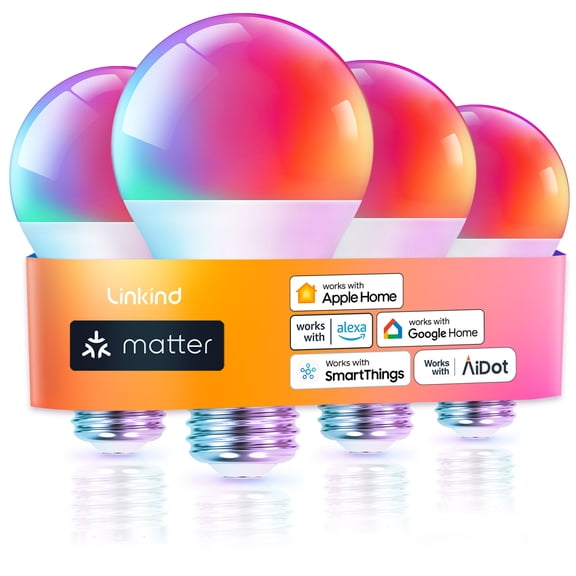 Smart Light Bulbs, Linkind Matter Wifi Color Changing LED Light Bulbs, 9W (60Watt Eqv), A19 E26 RGB Dimmable Smart Light Bulbs Work with Alexa, Google Home, Smartthings, Music Sync, 4 Pack