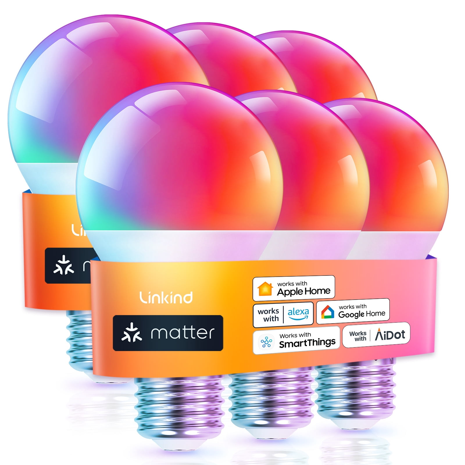 Smart Light Bulbs, Linkind Matter Wifi Color Changing LED Light Bulbs, 9W (60Watt Eqv), A19 E26 RGB Dimmable Smart Light Bulbs Work with Alexa, Google Home, Smartthings, Music Sync, 6 Pack