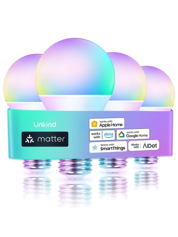 Smart Light Bulbs, Linkind Matter Wifi Color Changing LED Light Bulbs, 9W (60Watt Eqv), A19 E26 RGB Dimmable Smart Light Bulbs Work with Alexa, Google Home, Smartthings, Music Sync, 4 Pack