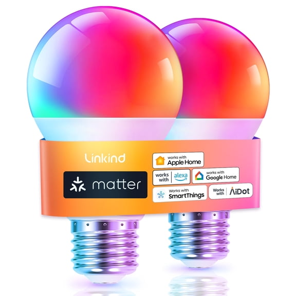Smart Light Bulbs, Linkind Matter Wifi Color Changing LED Light Bulbs, 9W (60Watt Eqv), A19 E26 RGB Dimmable Smart Light Bulbs Work with Alexa, Google Home, Smartthings, Music Sync, 2 Pack
