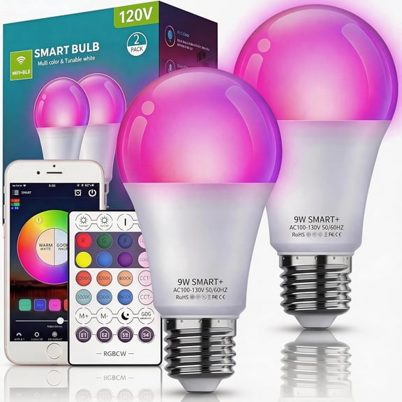 Smart Light Bulbs with Remote, Color Changing Dimmable Multicolor LED Bulb, Works with Alexa & Google Home, 9W A19 E27 800LM WiFi Light Bulb, 2.4GHz Only, App&Voice Control, 50+ DIY Scenes (2)