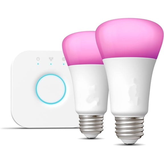 Smart Light Bulbs Starter Kit, Includes (1) Bridge, (2) 60W A19 Bulbs, White and Color Ambiance LED Color Changing Lights, 800LM, E26, Control with App or Voice Assistant
