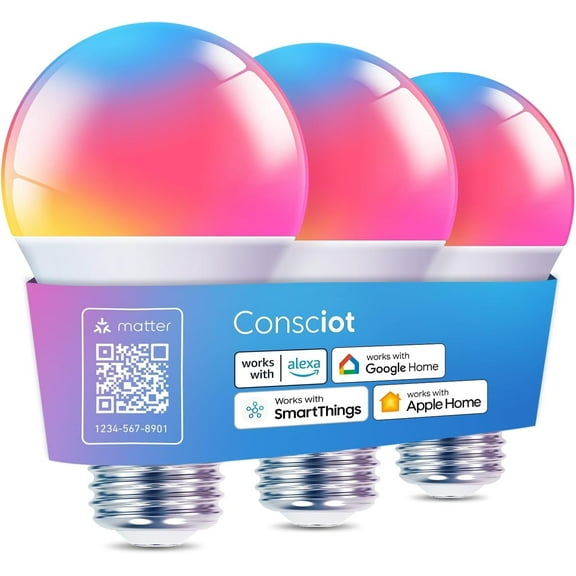 Smart Light Bulbs, WiFi Bluetooth Color Changing LED Light Bulb, Music Sync, 60W Equivalent Smart Bulb, A19 E26 RGBTW Light Bulbs That Works with Alexa/Google Home/Apple Home/Siri, 3 Pack