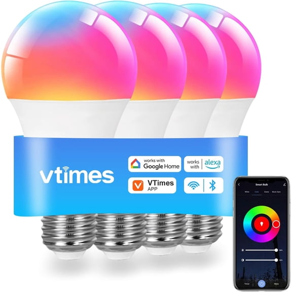 Smart Light Bulbs, WiFi & Bluetooth Light Bulb, Work with Alexa and Google Home, A19 E26 RGBCW LED Color Changing Light Bulb, 16 Million Colors, Dimmable 2700K-6500K, 9W, 800 Lumens 4 Pack