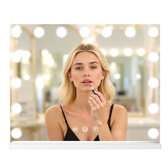 Smart Lighted Makeup Mirror with Memory Function, 22.8" x 19.3" Vanity Mirror with 15 Dimmable LED Bulbs, USB Port & Touch Controls, White