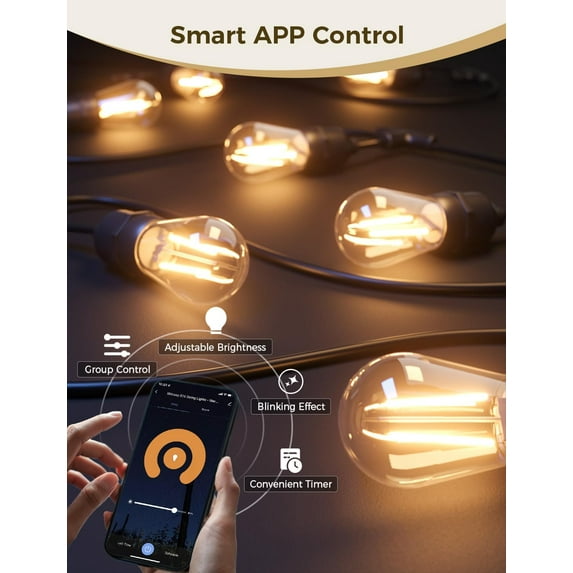 Smart Lights 49Ft LED Outdoor String Lights Waterproof IP65, App ...