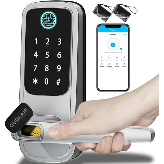 Smart Lock, 5-in-1 Keyless Entry Door Lock, Smart Door Locks for Front Door, Fingerprint Door Lock, Biometric Door Lock with Handle, Door Lock with Code Support App &WIFI Control (Silver)