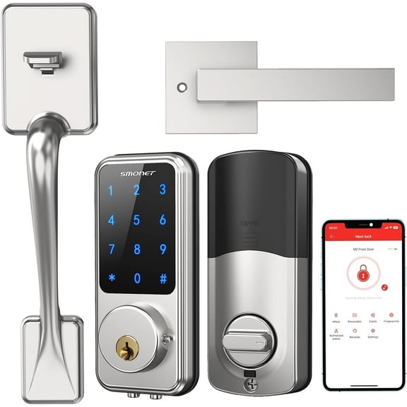 Smart Lock Front Door, SMONET Keyless Entry Door Lock with Handle, Smart Front Door Lock Set Smart Deadbolt Bluetooth Electronic Digital Keypad Lock, Auto Lock Work with Alexa Silver