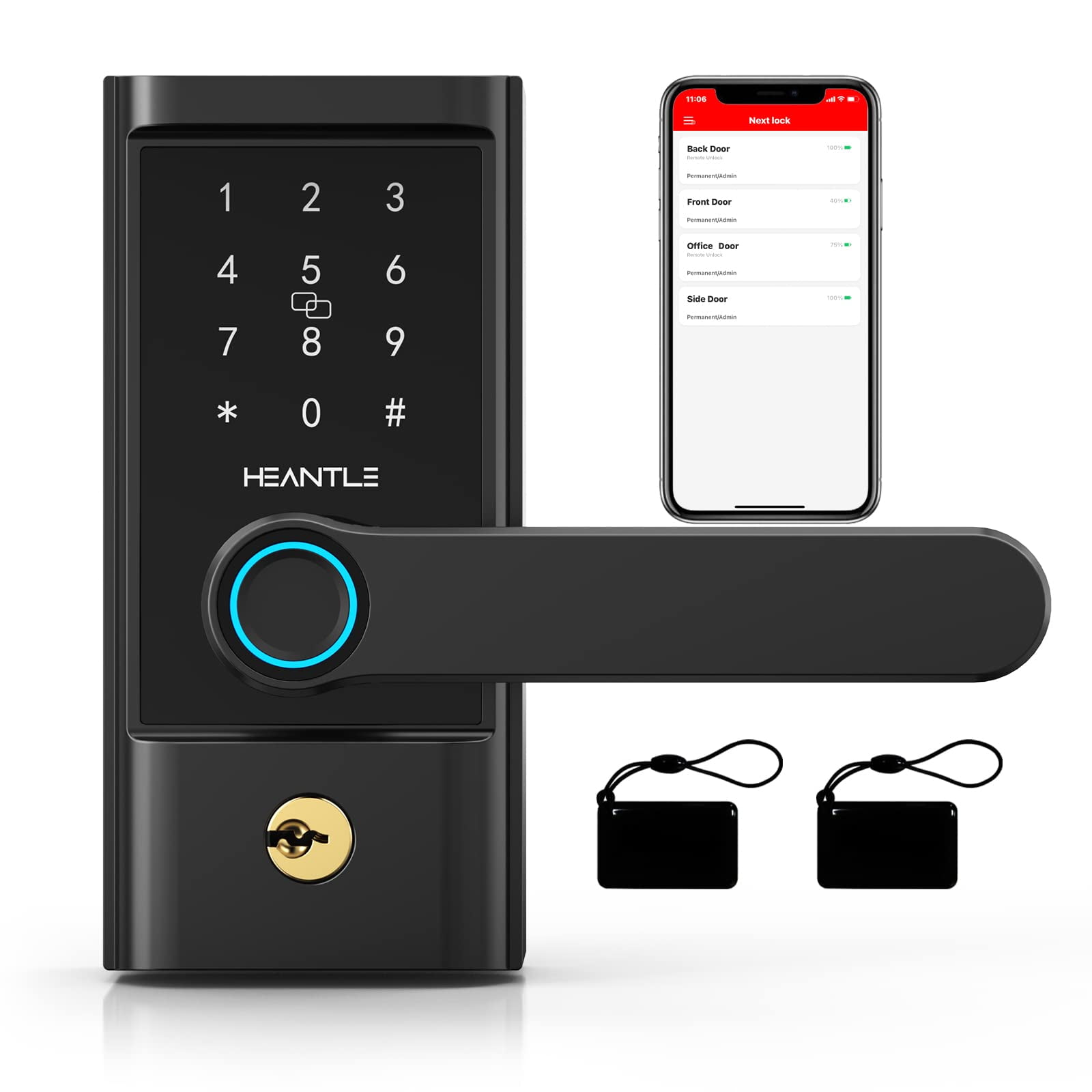 Smart Lock, HEANTLE Keyless Entry Door Lock, Smart Door Lock for Front Door, Door Lock with Handle, Fingerprint Door Lock, Google Smart Lock, Free App, IC Card, Code, Easy Installation (Black)